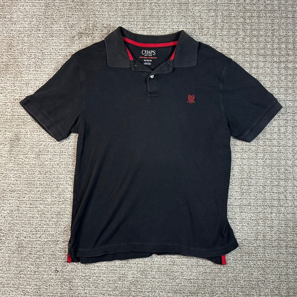 Chaps Mens Natural Stretch Polo Shirt Black Red Crest Logo Short Sleeve Size M